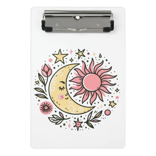 Sun Moon Floral Pink Yellow Zodiac Astrologisch Mini Klembord (Voorkant)