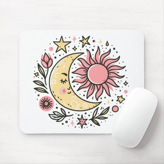 Sun Moon Floral Pink Yellow Zodiac Astrologisch Muismat (Met muis)