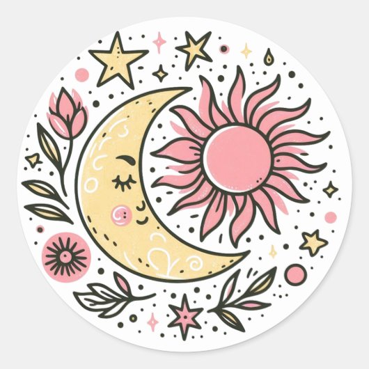 Sun Moon Floral Pink Yellow Zodiac Astrologisch Ronde Sticker (Voorkant)