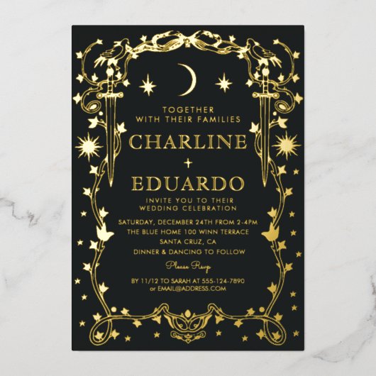 Sun & Moon Golden Ivy Ornament bruiloft uitnodigin Folie Uitnodiging (Voorkant)