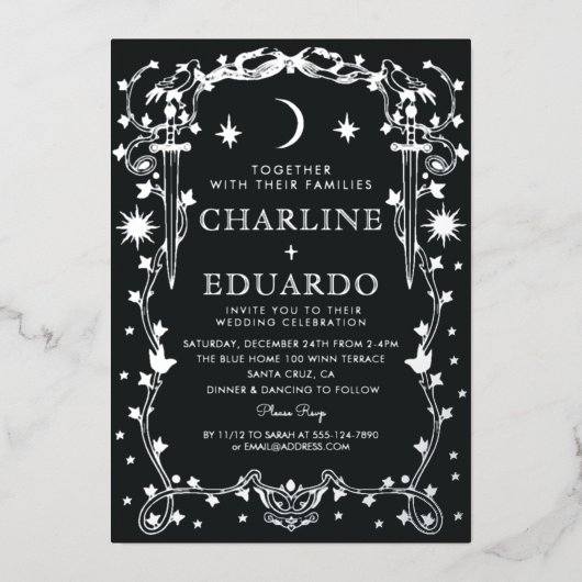 Sun & Moon Golden Ivy Ornament bruiloft uitnodigin Folie Uitnodiging (Voorkant)