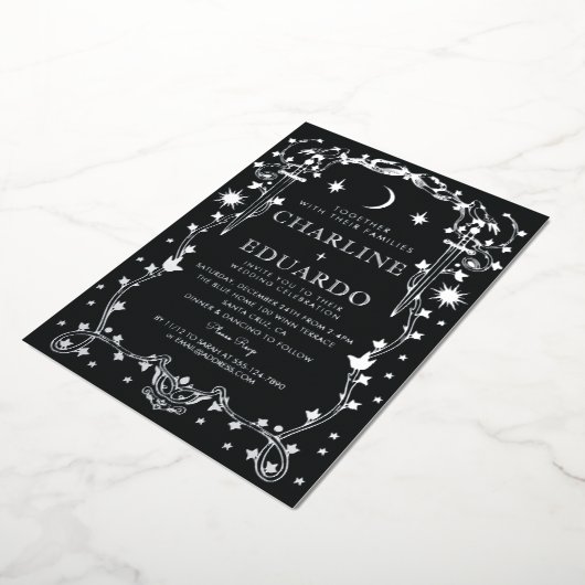 Sun & Moon Golden Ivy Ornament bruiloft uitnodigin Folie Uitnodiging (Gedraaid)