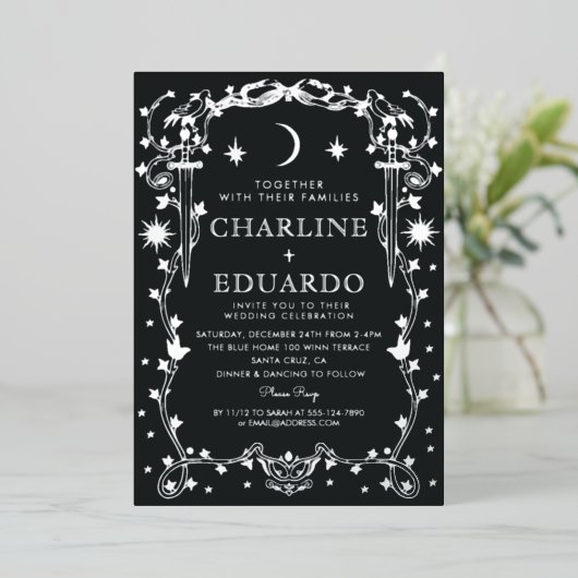 Sun & Moon Golden Ivy Ornament bruiloft uitnodigin Folie Uitnodiging (Staand Voorkant)