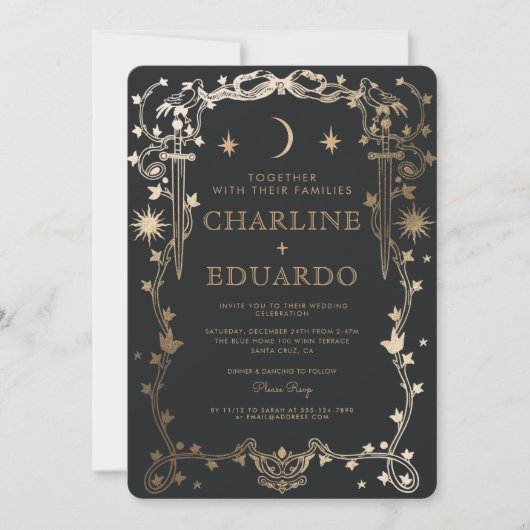 Sun & Moon Golden Ivy Ornament bruiloft uitnodigin Kaart (Voorkant)