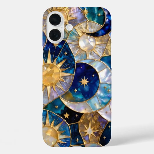 Sun Moon iPhone Case Stained Glass Blue Gold (Achterkant)