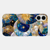 Sun Moon iPhone Case Stained Glass Blue Gold (Achterkant (horizontaal))
