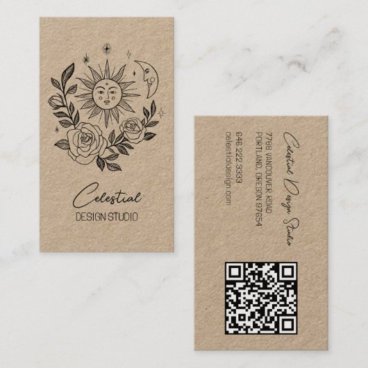 Sun Moon & Rozen Magical Boho KRAFT CUSTOM QR Visitekaartje (Voorkant / Achterkant)