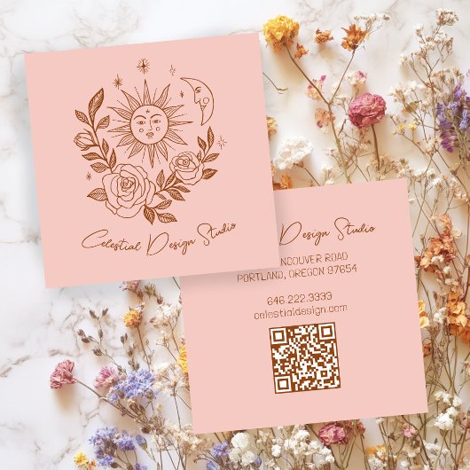 Sun Moon & Rozen Magische Boho Aardse CUSTOM QR Vierkante Visitekaartje