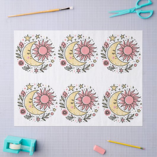 Sun Moon Stars Bloemen Roze Geel Decoupage Tissuepapier (Craft)