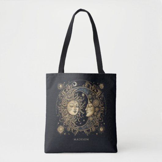 Sun Moon Stars Celestial Gepersonaliseerd Zwart Tote Bag (Voorkant)