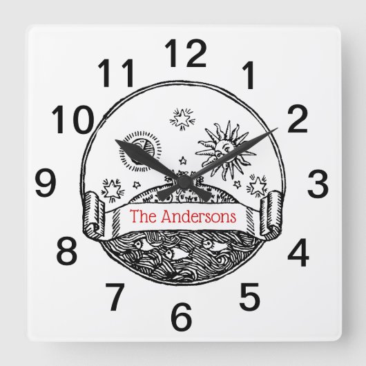  Sun Moon Stars Ocean Planet Earth Tekening Vierkante Klok (Voorkant)