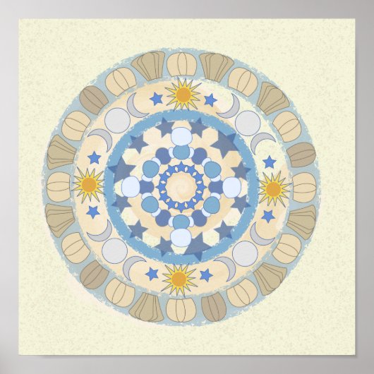 Sun Moon Stars Yellow en Blue Mandala Print (Voorkant)