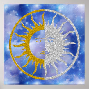 SUN & MOON-symbool - gouden zilveren hemel Poster