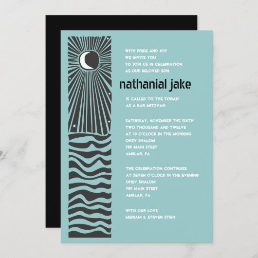 Sun Moon Water Bar Bat Mitzvah Invitation Kaart (Voorkant / Achterkant)