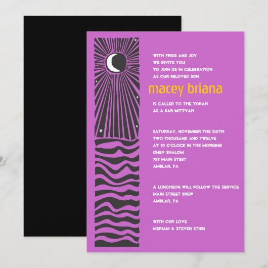 SUN MOON WATER Bar Bat Mitzvah Uitnodiging (Voorkant / Achterkant)