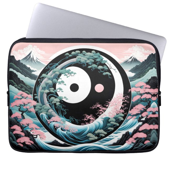 Sun Moon Wave Floral Mountain Roze Sage Blauwgroen Laptop Sleeve (Voorkant)