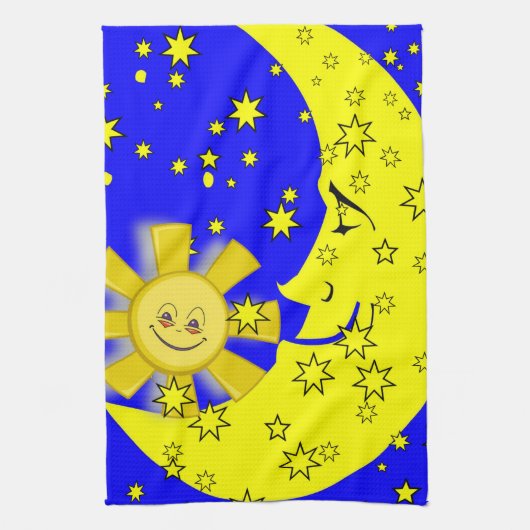 Sun Moon Yellow Stars Blue Kitchen Hand Towel Theedoek (Verticaal)