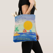 Sun Palm Trees Vuurtoren Zeilboten Schattige Schil Tote Bag (Dichtbij)