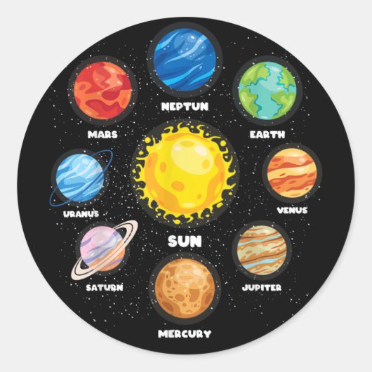 Sun Planets Outer Space Scientist Astronaut Space Ronde Sticker (Voorkant)
