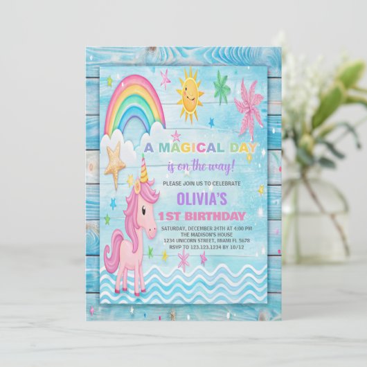 Sun Rainbow Unicorn Verjaardagsuitnodigingen Kaart (Staand voorkant)