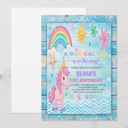 Sun Rainbow Unicorn Verjaardagsuitnodigingen Kaart (Voorkant / Achterkant)