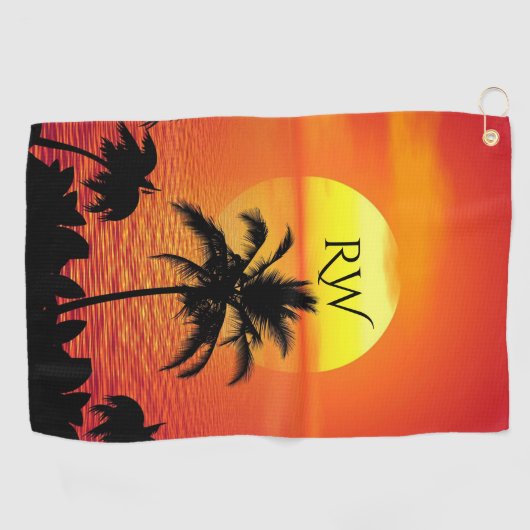 Sun Red Tropics Palm Beach Initiaal instellen Golfhanddoek (Horizontaal)
