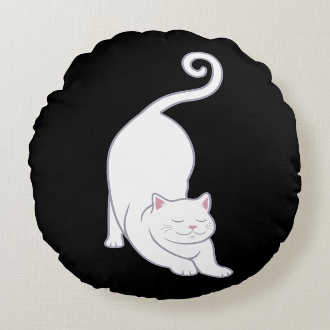 Sun Salutation Downward White Cat Yoga op Black Rond Kussen (Voorkant)