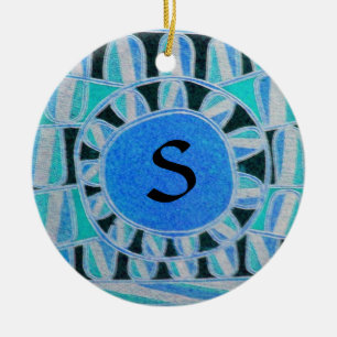 SUN SOLAR ENERGY MONOGRAM Blauwgroen Aqua Blue Bla Keramisch Ornament