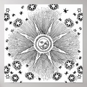 Sun Stars Antiek Nachtlucht Middeleeuwse Zodiac Poster