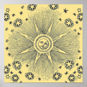 Sun Stars Celestial Antiek Sky Face Poster