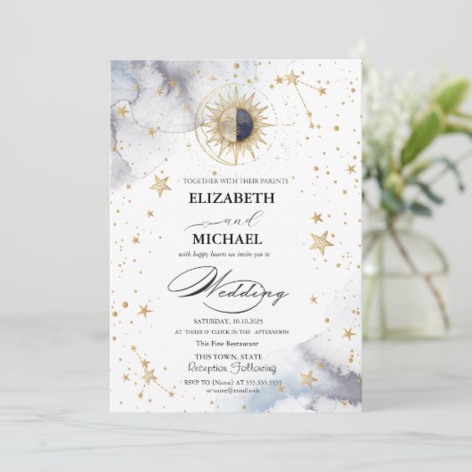 Sun Stars Celestial Wedding Kaart (Staand voorkant)