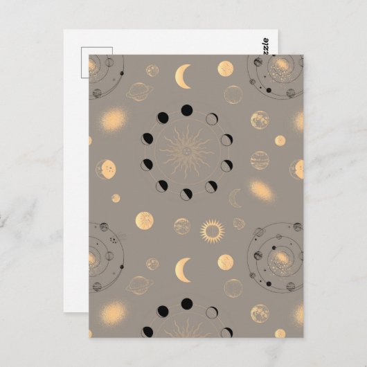 Sun sterren maanfasen planeten zwart goud op bruin briefkaart (Voorkant / Achterkant)