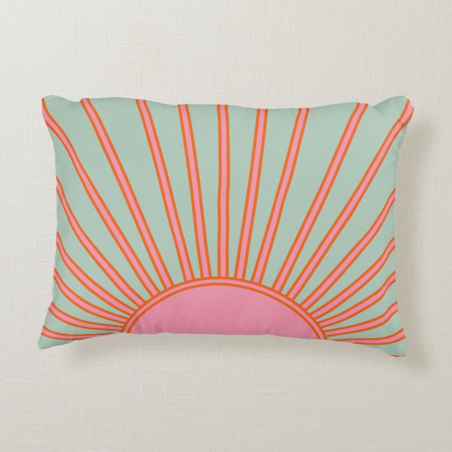 Sun Sunrise Green en roze Abstracte Retro Sunshine Accent Kussen (Achterkant)