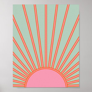 Sun Sunrise Green en roze Abstracte Retro Sunshine Poster