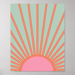 Sun Sunrise Green en roze Abstracte Retro Sunshine Poster