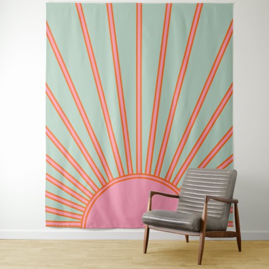 Sun Sunrise Green en roze Abstracte Retro Sunshine Wandkleed (In situ)