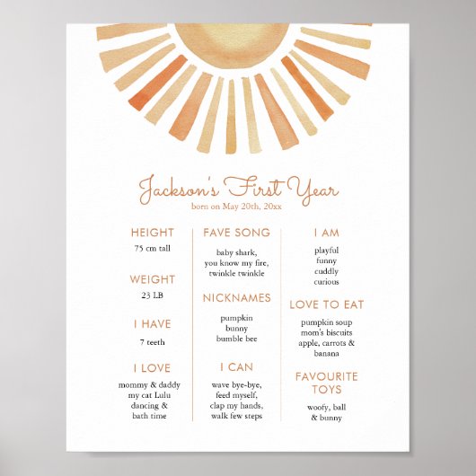 Sun Sunshine First Birthday Milestone Birthday Poster (Voorkant)