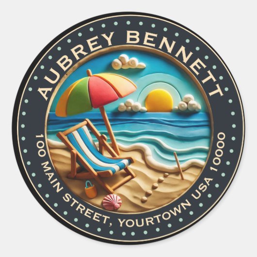 Sun & Surven Beach Clay Look Art Naam & adres Ronde Sticker (Voorkant)