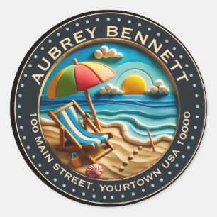 Sun & Surven Beach Clay Look Art Naam & adres Ronde Sticker