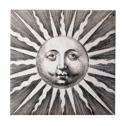 Sun Tile Woodcut Sun Illustration Tegeltje (Voorkant)