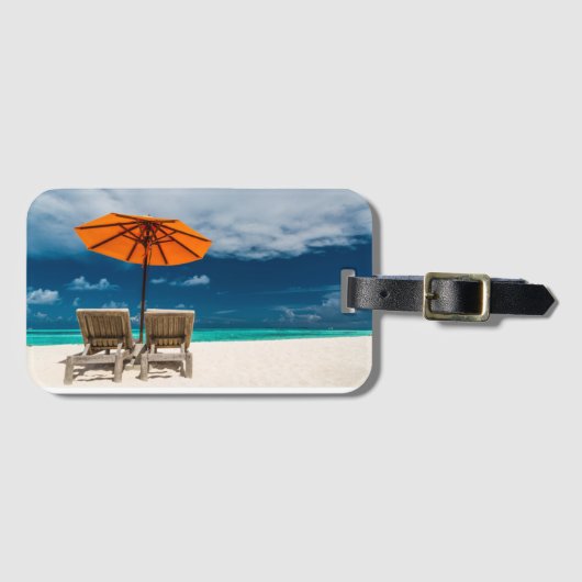 Sun Umbrella op zandstrand |Malediven Bagagelabel (Voorkant (horizontaal))