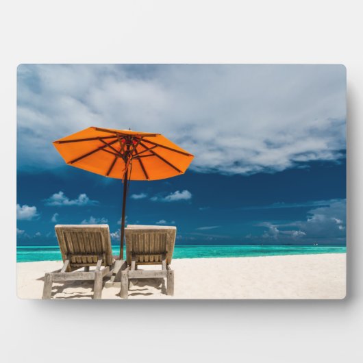 Sun Umbrella op zandstrand |Malediven Fotoplaat (voorkant)