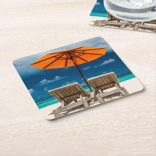 Sun Umbrella op zandstrand |Malediven Kartonnen Onderzetters (Schuin)