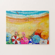 Sunbathers Colorful Beach Umbrellas