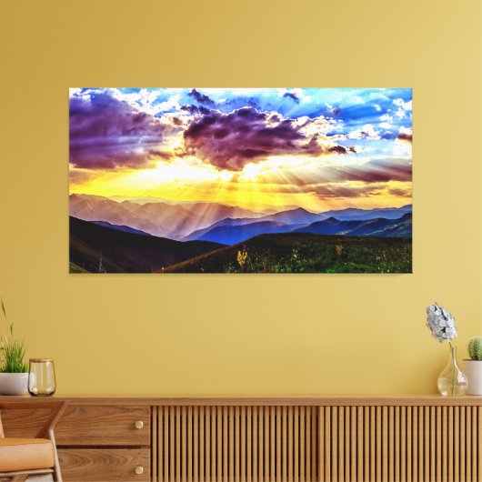Sunbeams Mountains Photo Stretted Canvas Print (Insitu (Woonkamer))