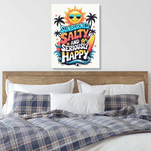 Sunburned Salty and Happy – Retro Beach Vibes Canvas Afdruk (Insitu (Slaapkamer))