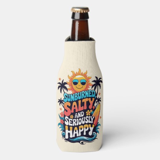 Sunburned Salty and Happy – Retro Beach Vibes Flesjeskoeler (Fles Voorkant)