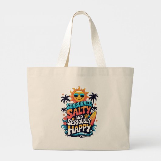 Sunburned Salty and Happy – Retro Beach Vibes Grote Tote Bag (Achterkant)