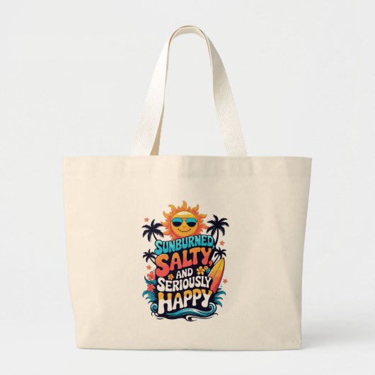 Sunburned Salty and Happy – Retro Beach Vibes Grote Tote Bag (Voorkant)