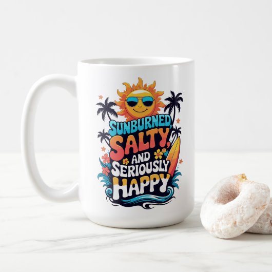 Sunburned Salty and Happy – Retro Beach Vibes Koffiemok (Met donut)